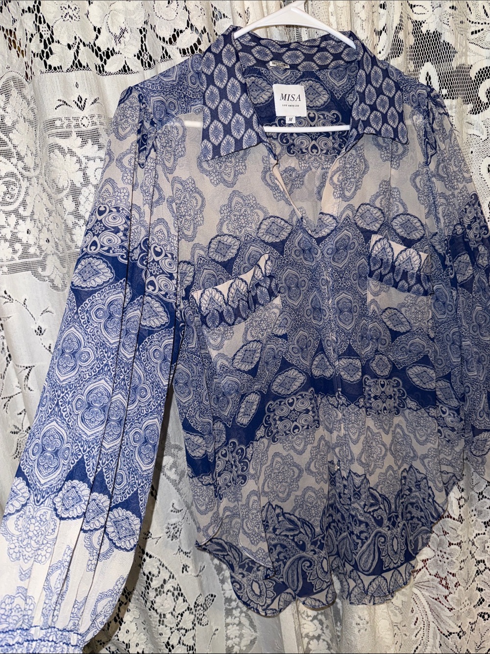 Misa Los Angeles Navy Paisley Sheer Button-Front Blouse - Picture 5 of 8
